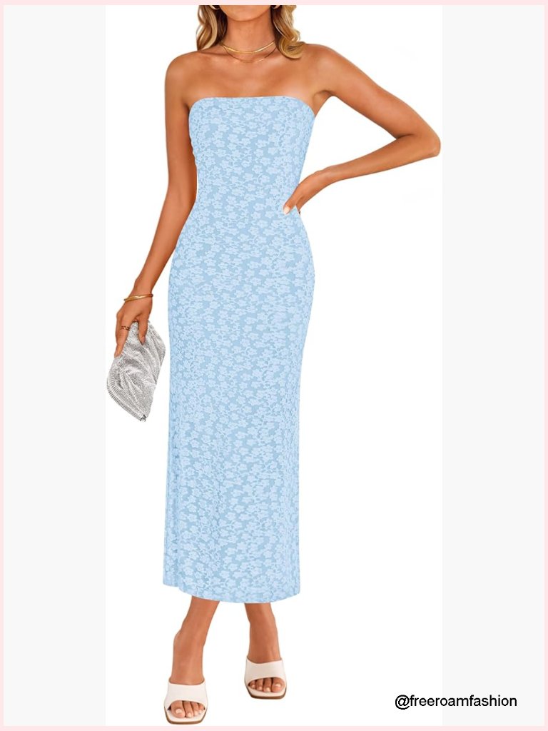 Strapless Floral Bodycon Midi Dress Summer Wedding Guest Party Beach